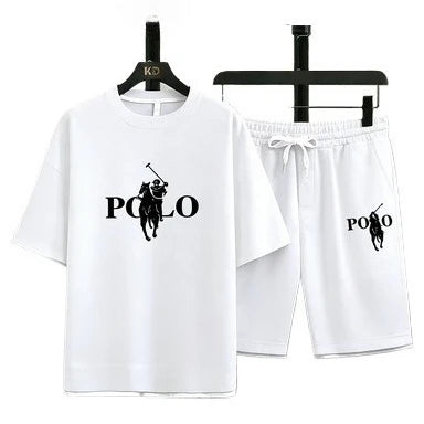 Men's Polo Print 2 Piece Outfit, Waffle Knit T-shirt + Shorts Set, Casual Summer Tracksuit, Classic Horse Rider Logo Streetwear