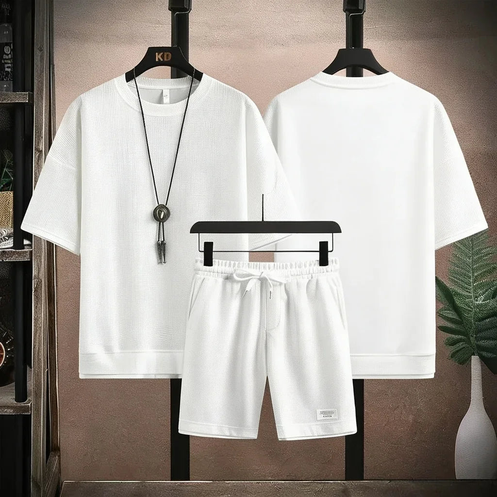 Men's Polo Print 2 Piece Outfit, Waffle Knit T-shirt + Shorts Set, Casual Summer Tracksuit, Classic Horse Rider Logo Streetwear