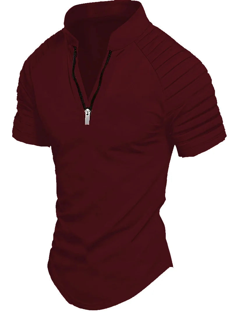 Men's POLO Shirt Spring Sports Solid Color Standing Collar Pleated Zipper Breathable Casual Summer Fashion Top Short Sleeve