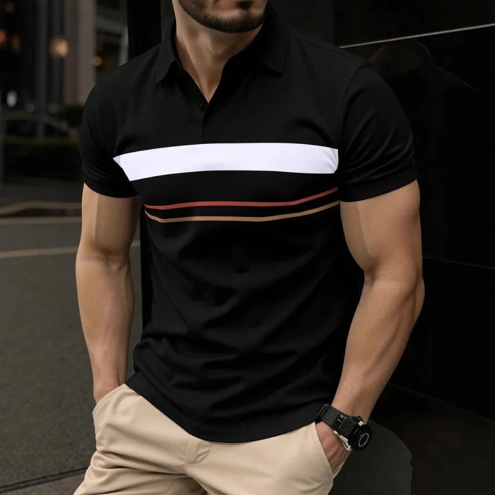Men's Polo Shirt with Digital Print, Lapel, Striped Short Sleeved Casual Versatile Top