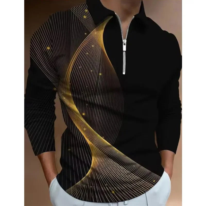 Mens Polo Shirts Cool 3D Geometric Print Casual Lapel Golf Wear Men's T-Shirt Tops Street Sports Zipper Long Sleeve Men Clothing