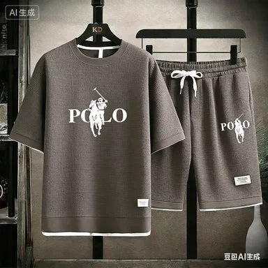 Men's Polo Print 2 Piece Outfit, Waffle Knit T-shirt + Shorts Set, Casual Summer Tracksuit, Classic Horse Rider Logo Streetwear