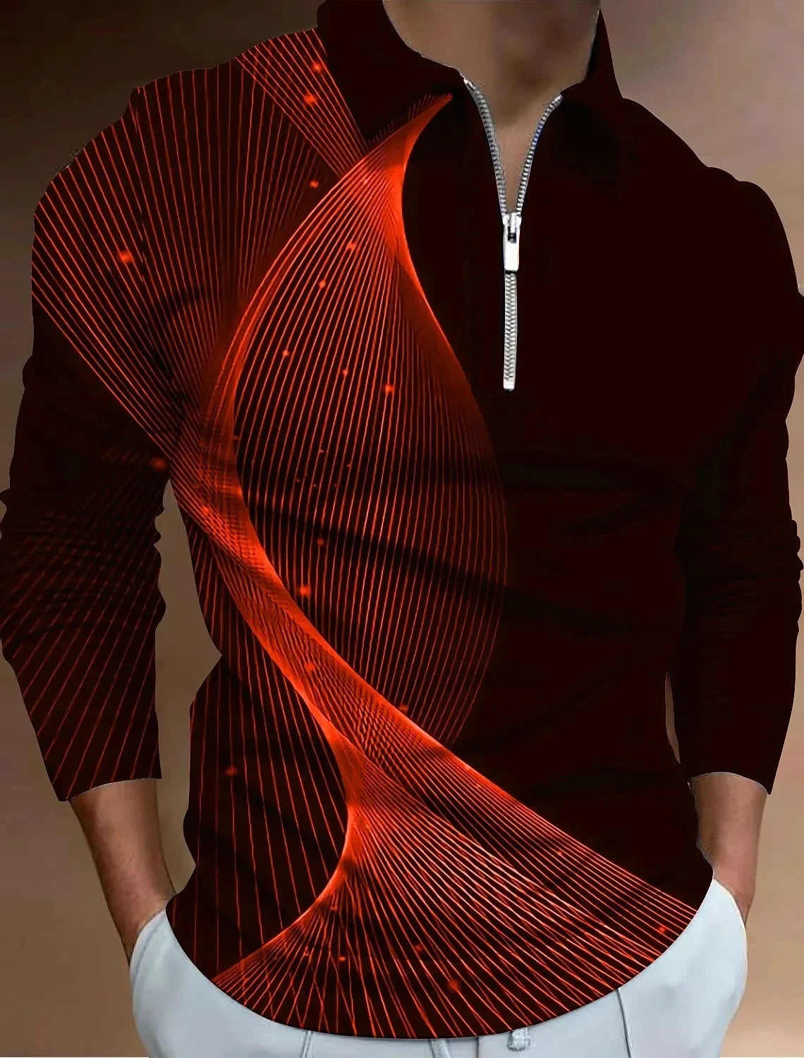 Mens Polo Shirts Cool 3D Geometric Print Casual Lapel Golf Wear Men's T-Shirt Tops Street Sports Zipper Long Sleeve Men Clothing