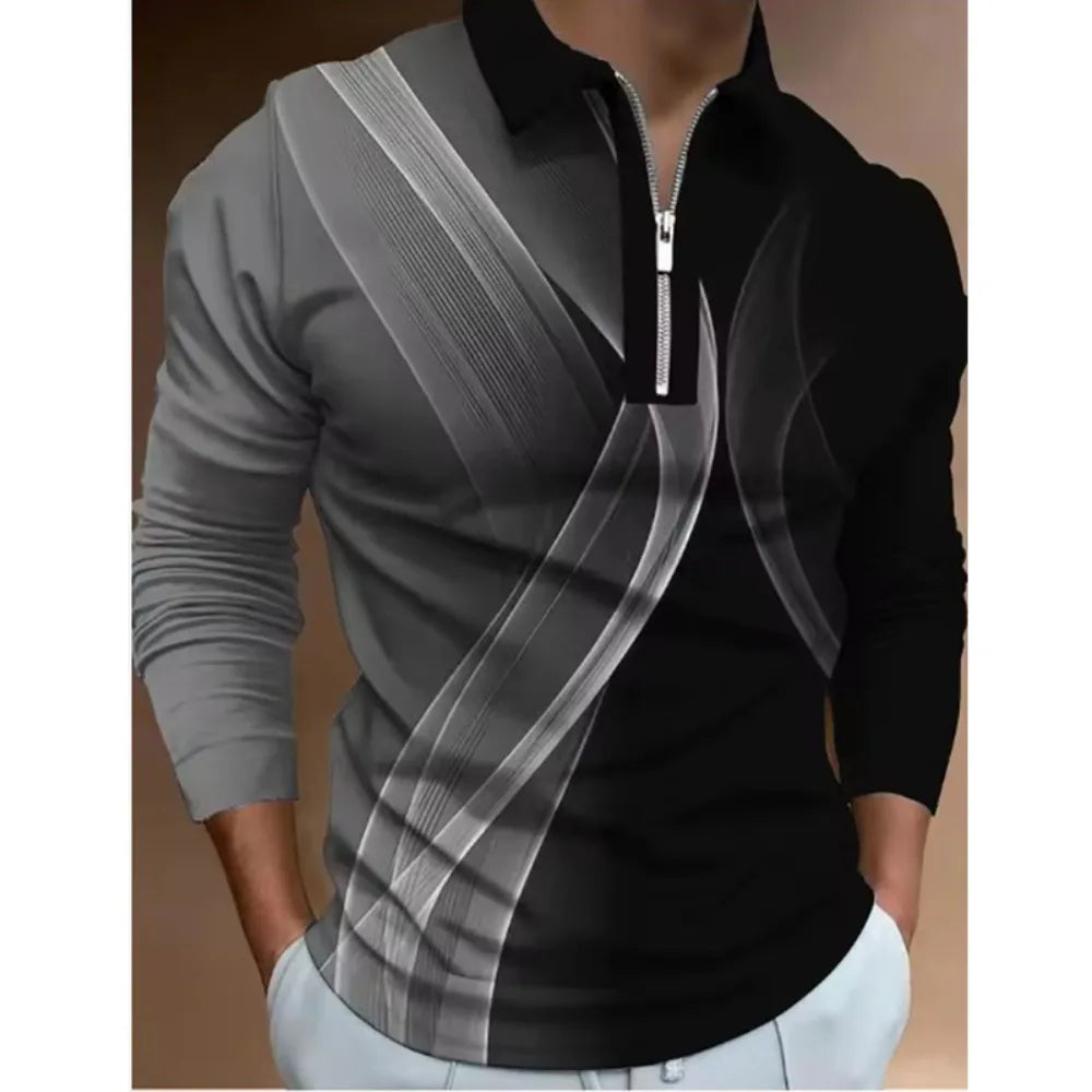 Mens Polo Shirts Cool 3D Geometric Print Casual Lapel Golf Wear Men's T-Shirt Tops Street Sports Zipper Long Sleeve Men Clothing