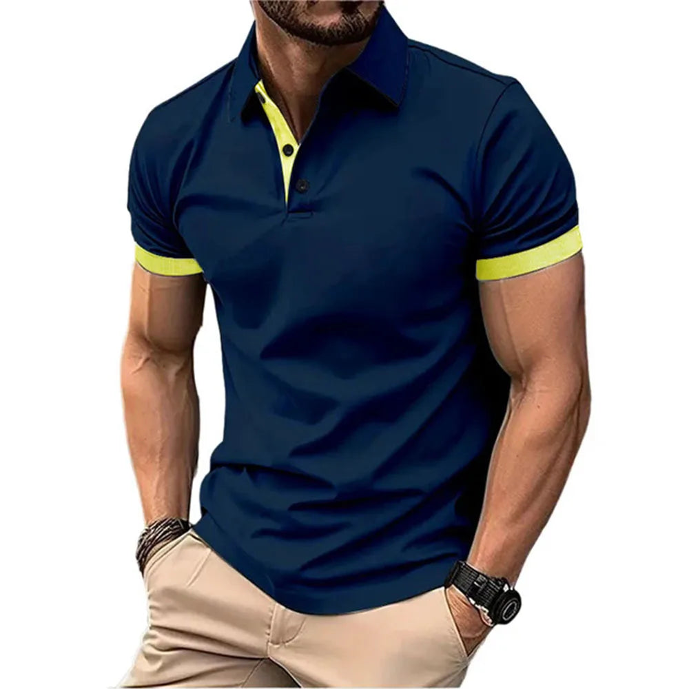 Men's Polo Shirt Short Sleeve Casual Slim Fit Color Blocking T-shirts England Style Streetwear Polos for Men's Fashion