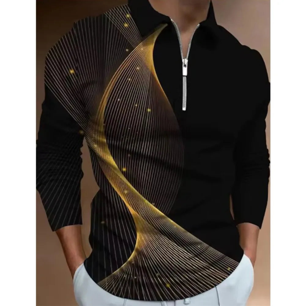Mens Polo Shirts Cool 3D Geometric Print Casual Lapel Golf Wear Men's T-Shirt Tops Street Sports Zipper Long Sleeve Men Clothing