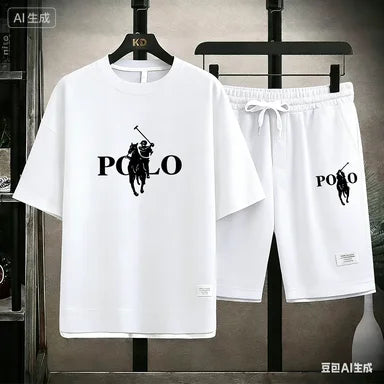 Men's Polo Print 2 Piece Outfit, Waffle Knit T-shirt + Shorts Set, Casual Summer Tracksuit, Classic Horse Rider Logo Streetwear