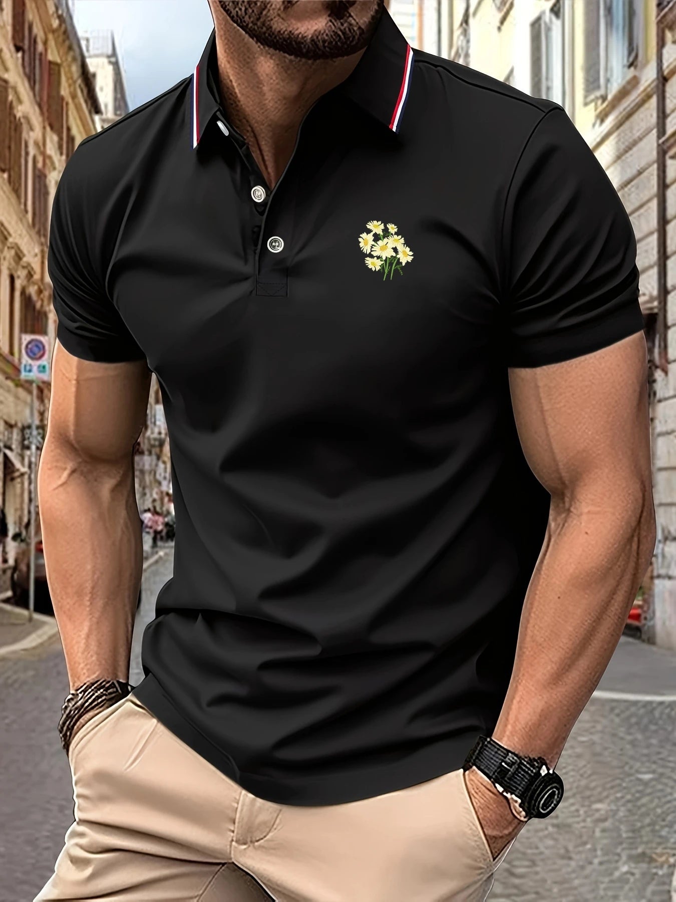 Men's Polo Shirt 2025 New Arrival Sleek Black Tailored Fit Contrast Collar Dainty Daisy Embroidery Stylish Top Daily Casual