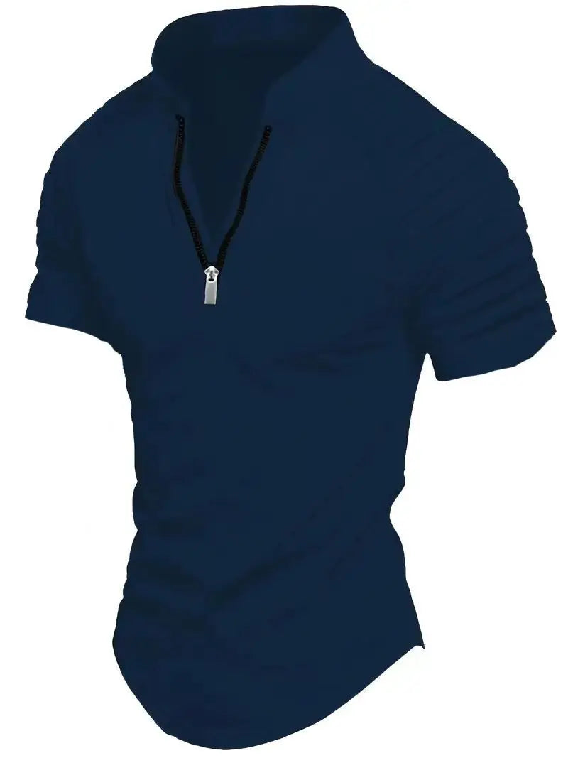 Men's POLO Shirt Spring Sports Solid Color Standing Collar Pleated Zipper Breathable Casual Summer Fashion Top Short Sleeve