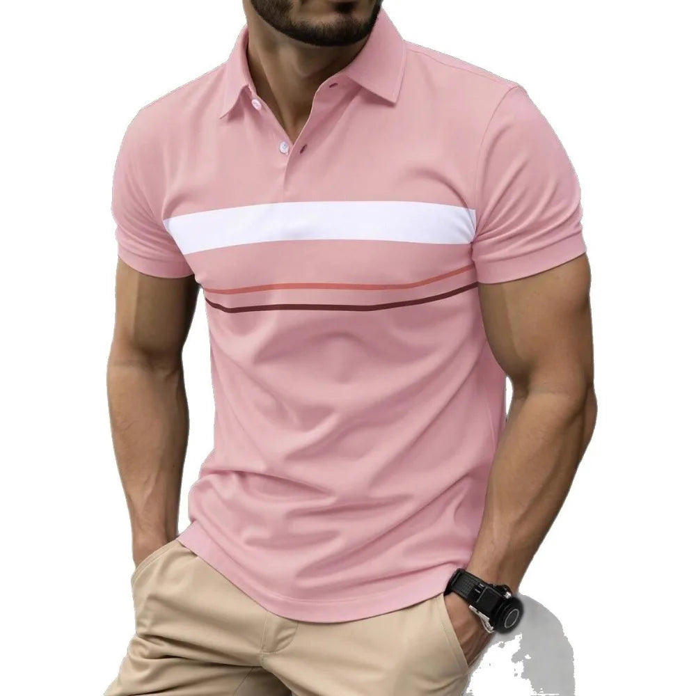 Men's Polo Shirt with Digital Print, Lapel, Striped Short Sleeved Casual Versatile Top