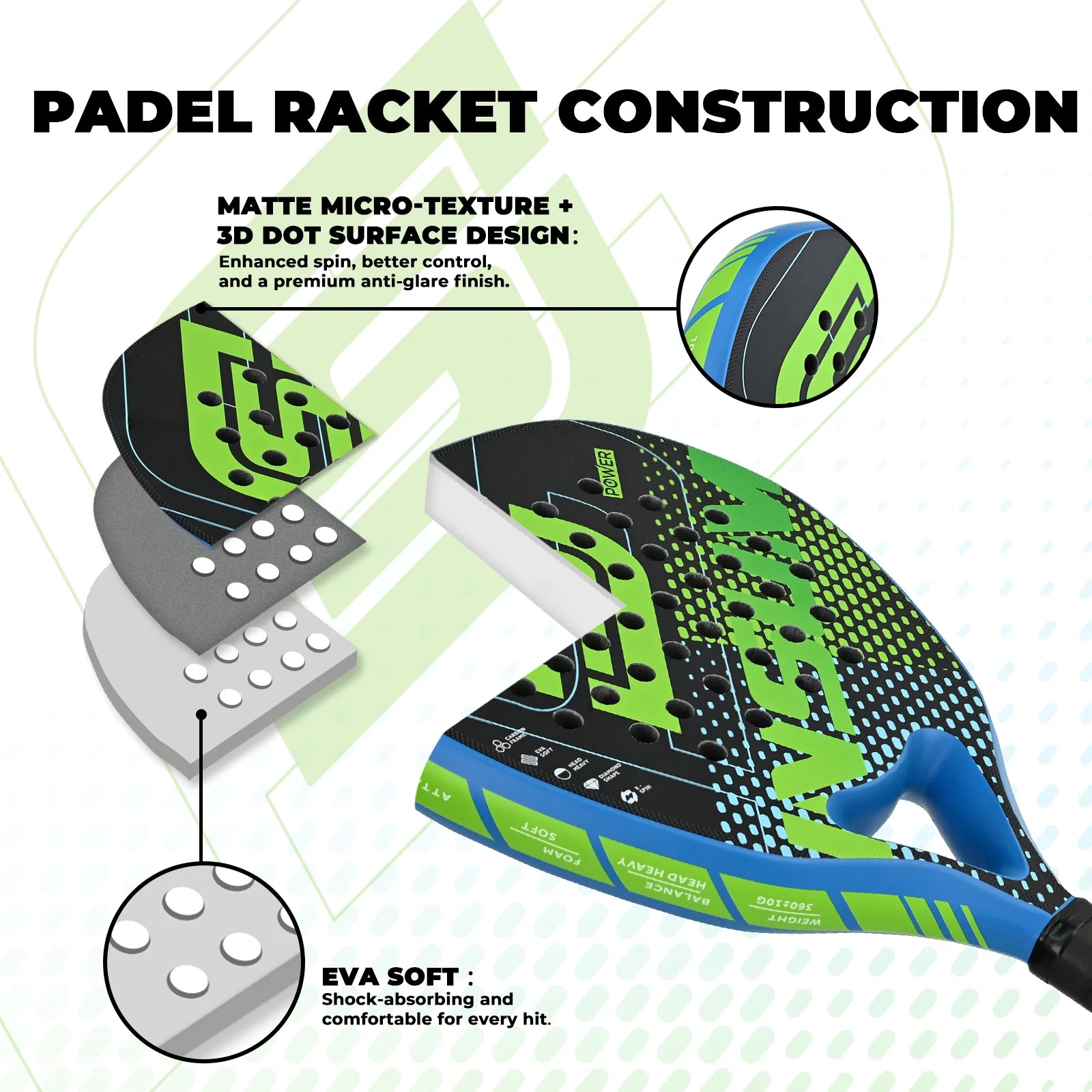 Padel Racket Carbon Fiber Diamond Shape EVA Core Power Control Padel Tennis Racquet for Advanced Players