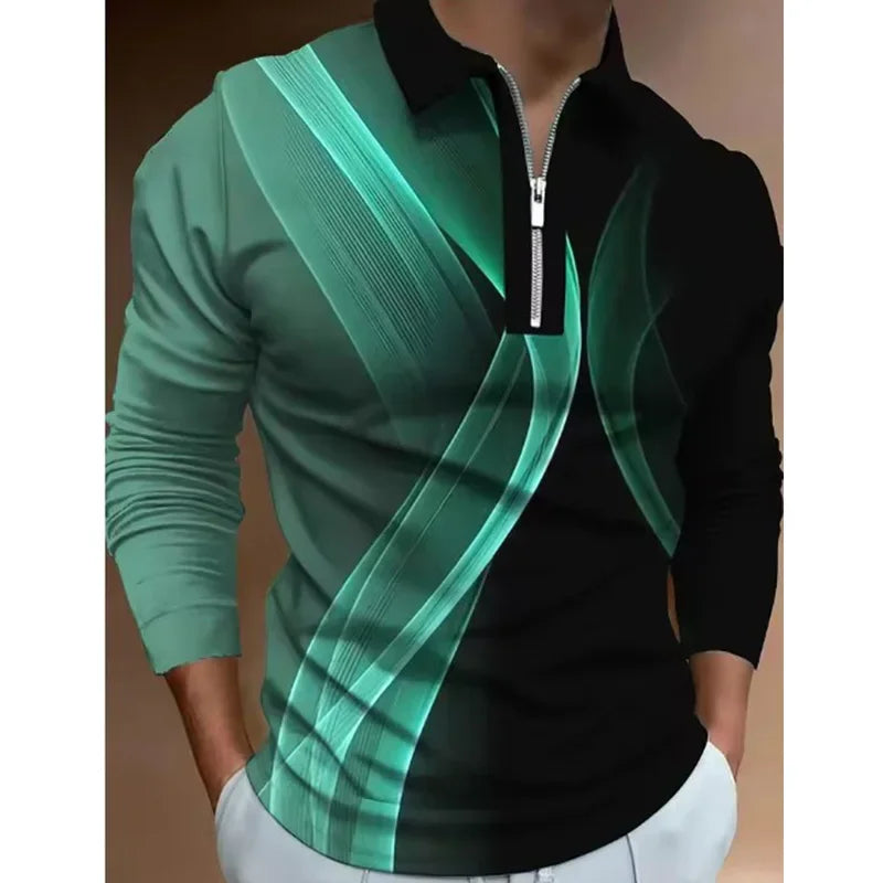 Mens Polo Shirts Cool 3D Geometric Print Casual Lapel Golf Wear Men's T-Shirt Tops Street Sports Zipper Long Sleeve Men Clothing