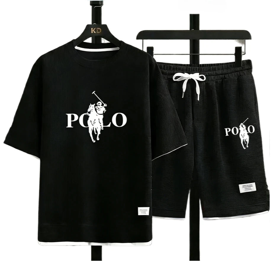 Men's Polo Print 2 Piece Outfit, Waffle Knit T-shirt + Shorts Set, Casual Summer Tracksuit, Classic Horse Rider Logo Streetwear