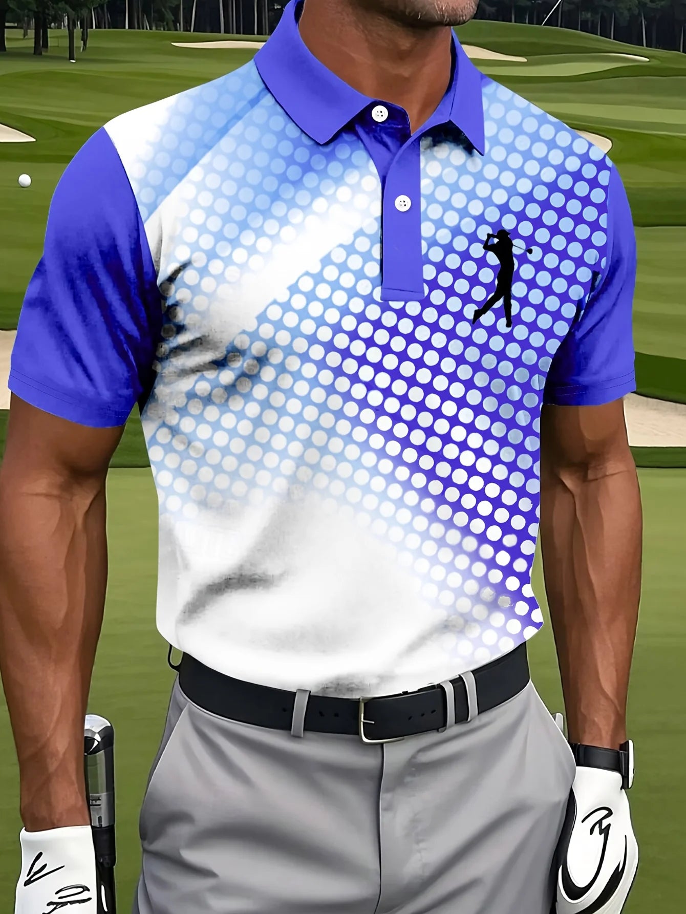 Men's Golf Polo Shirt, Featuring A Fashionable Blue and White Gradient Pattern, Suitable for Outdoor Activities