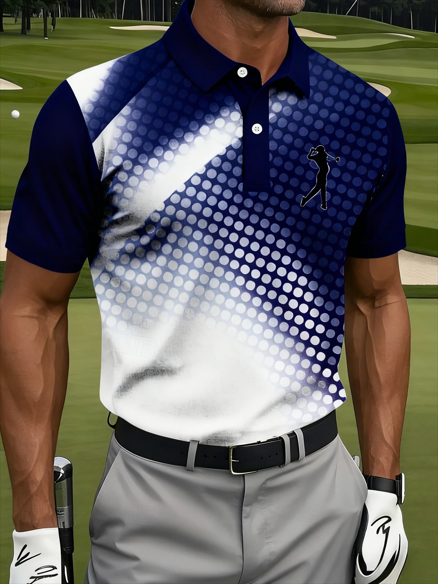 Men's Golf Polo Shirt, Featuring A Fashionable Blue and White Gradient Pattern, Suitable for Outdoor Activities