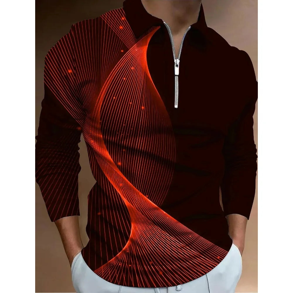 Mens Polo Shirts Cool 3D Geometric Print Casual Lapel Golf Wear Men's T-Shirt Tops Street Sports Zipper Long Sleeve Men Clothing