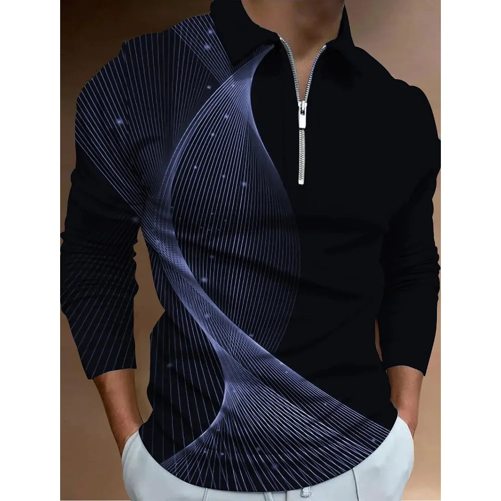 Mens Polo Shirts Cool 3D Geometric Print Casual Lapel Golf Wear Men's T-Shirt Tops Street Sports Zipper Long Sleeve Men Clothing