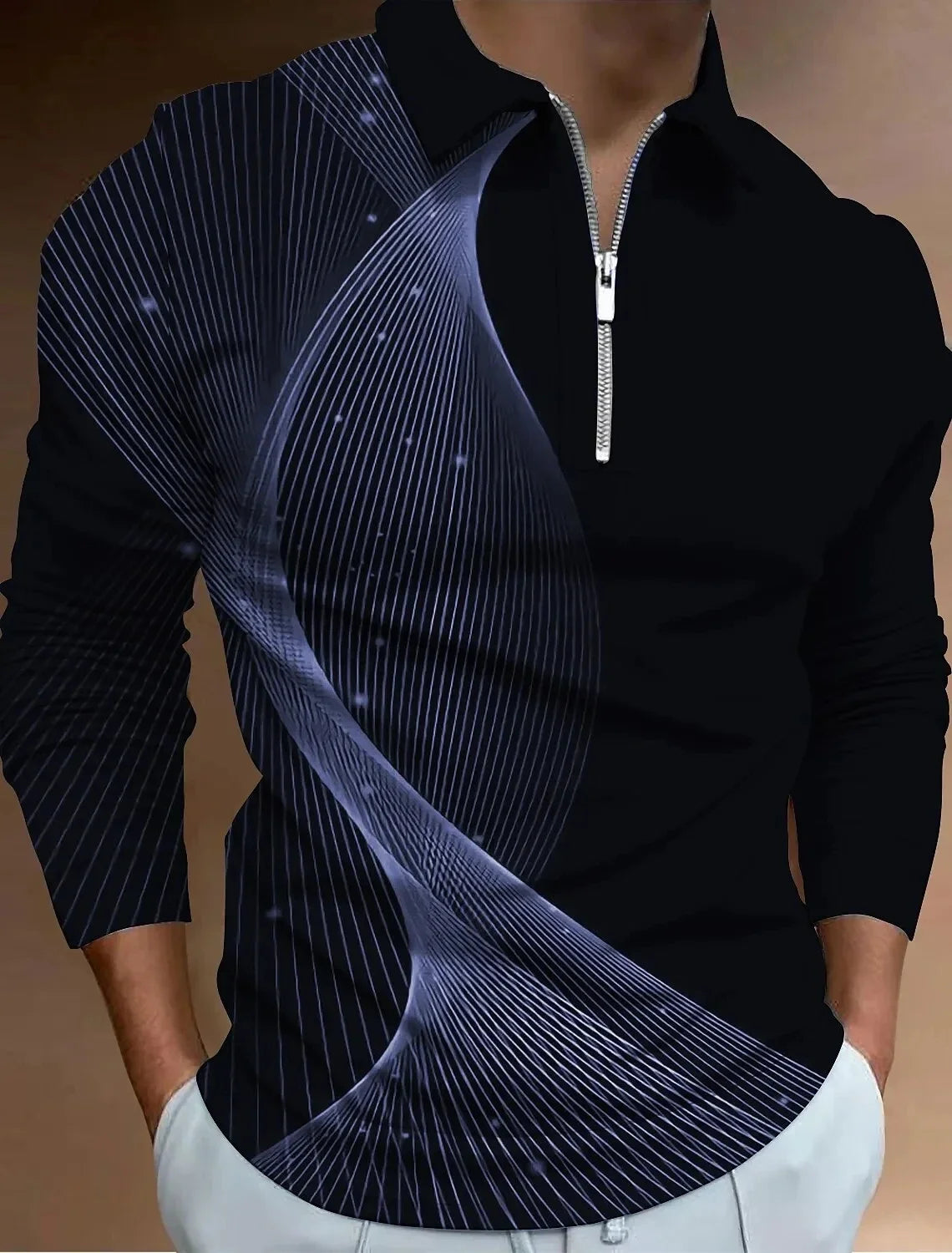 Mens Polo Shirts Cool 3D Geometric Print Casual Lapel Golf Wear Men's T-Shirt Tops Street Sports Zipper Long Sleeve Men Clothing